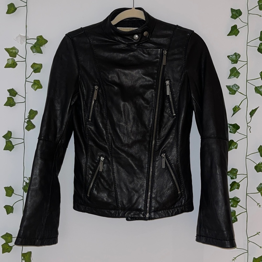 Women's Michael Kors Black Leather Zip Jacket XS - Picture 15 of 16